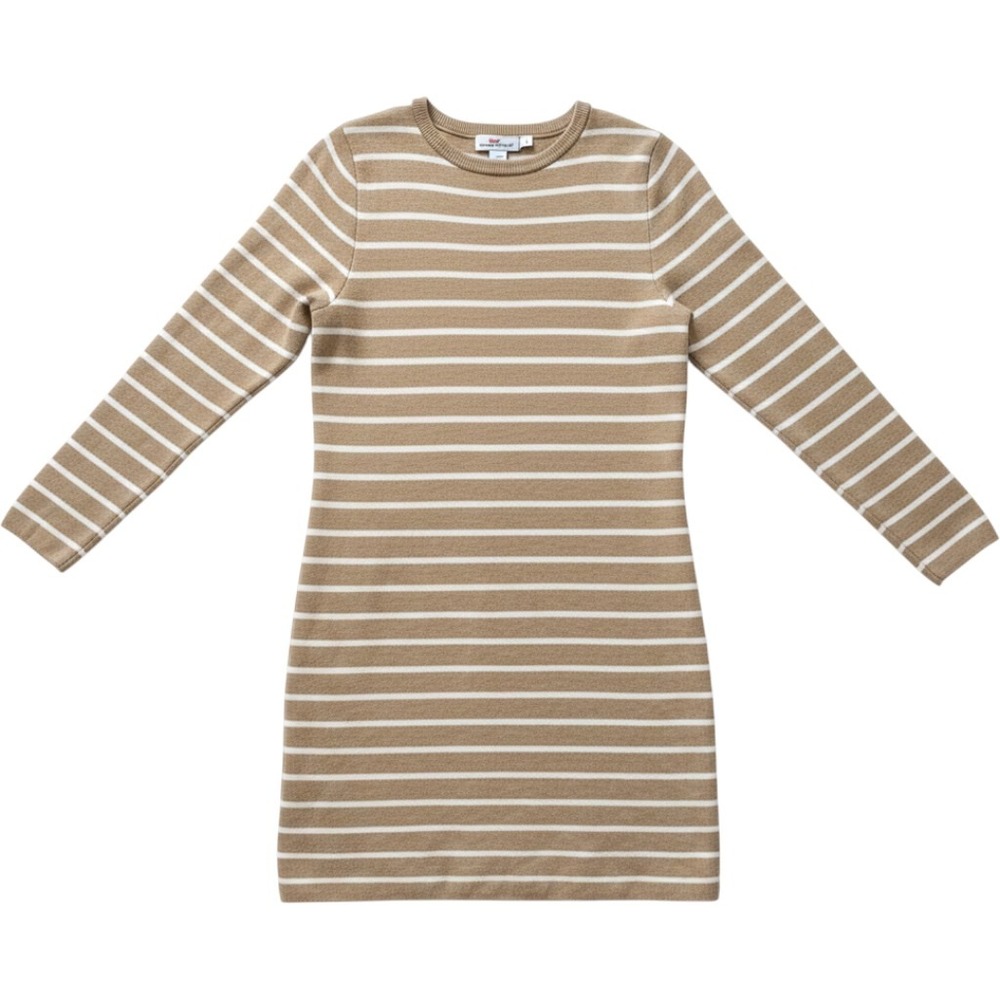 Vineyard Vines Sweater Dress S Tan White Striped Merino Wool Long Sleeve Peppy
